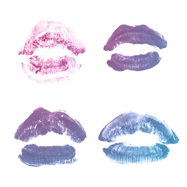 Kadın dudakları ruj öpücük baskı sevgililer günü için beyaz izole ayarlayın. Mor mavi renk - Fotoğraf, Görsel