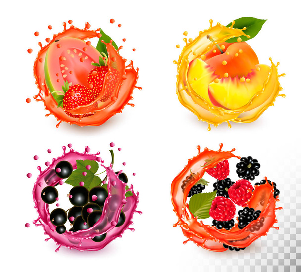 Set of fruit juice splash. Strawberry, blackberry, peach, guava, - Vektor, Bild