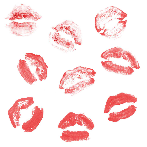 Labios femeninos beso lápiz labial conjunto de impresión para el día de San Valentín aislado en blanco. Color rojo
 - Foto, imagen