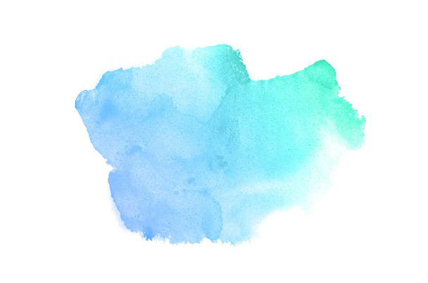 Abstract watercolor background image with a liquid splatter of aquarelle paint, isolated on white.Blue and turquoise pastel tones - Photo, Image