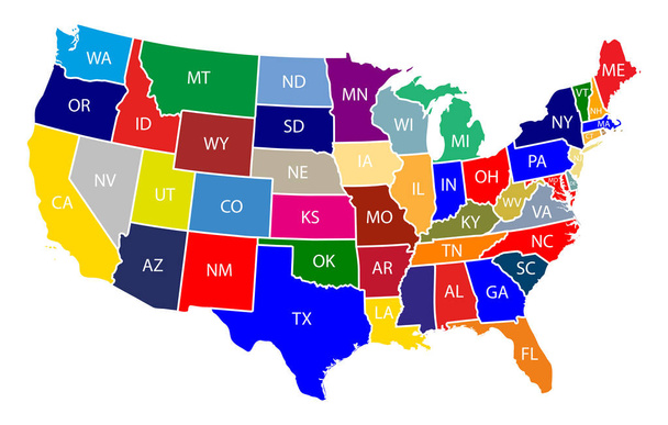 Mapa Stanów Zjednoczonych Ameryki z kolorowymi Stanami o nazwie ilustracja na białym tle - Wektor, obraz