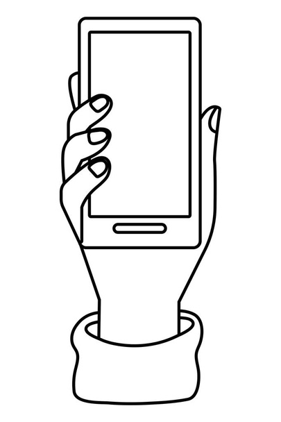 Κράτημα χειρός τεχνολογία smartphone μαύρο και άσπρο - Διάνυσμα, εικόνα