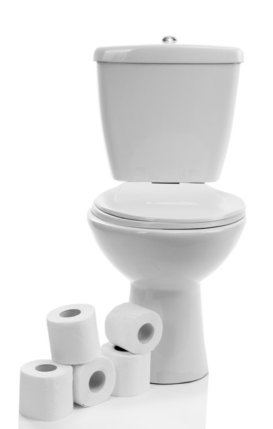 White toilet bowl with toilet paper, isolated on white - Φωτογραφία, εικόνα