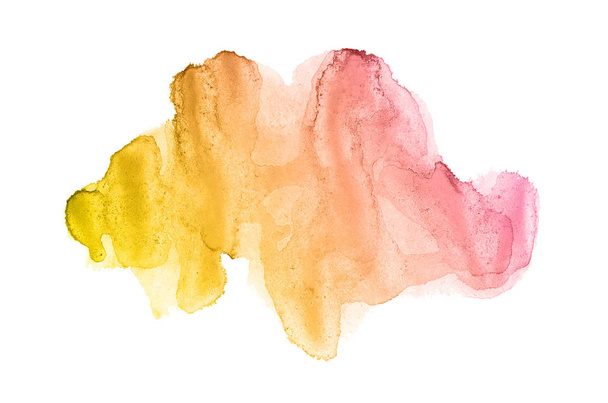 Abstract watercolor background image with a liquid splatter of aquarelle paint, isolated on white. Pink and yellow tones - Foto, Imagen