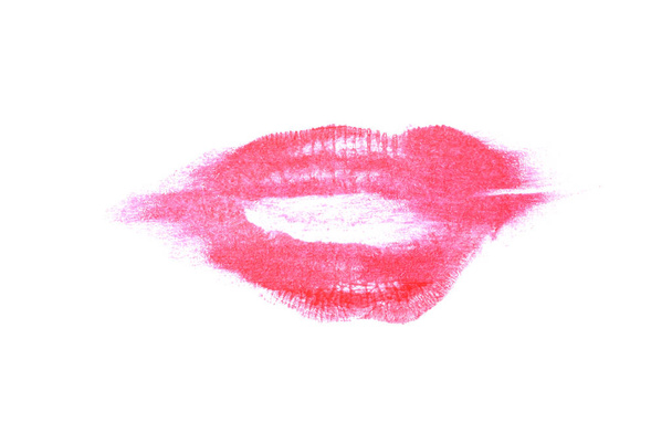 След поцелуя помады на белом фоне. Красивые губы изолированы. Цвет пурпура
 - Фото, изображение