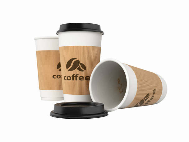 Koffie cups zonder schaduwen op witte achtergrond 3D - Foto, afbeelding