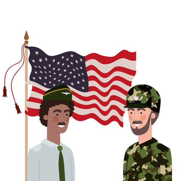 米国の背景の旗を持つ戦争の男性兵士 - ベクター画像