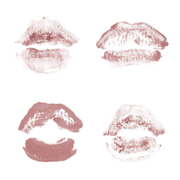 Labios femeninos beso lápiz labial conjunto de impresión para el día de San Valentín aislado en blanco. Color rojo oscuro
 - Foto, imagen