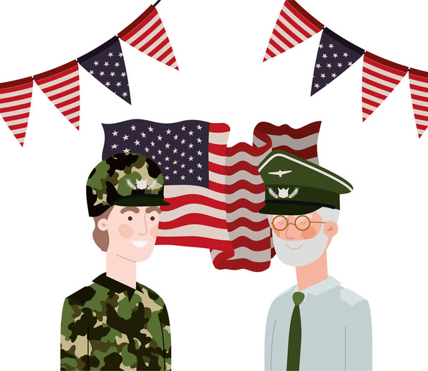 солдаты войны с флагом США на фоне
 - Вектор,изображение