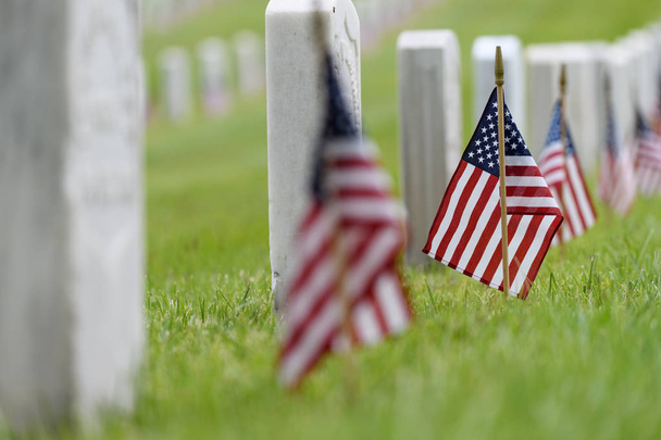 国立墓地 - 記念日に小さなアメリカの国旗を表示します。 - 写真・画像