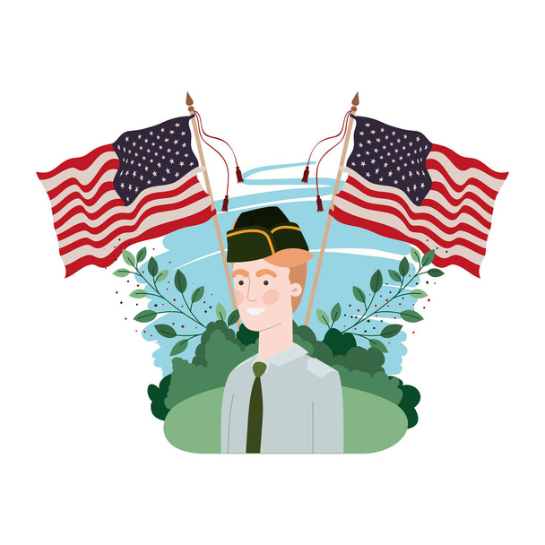 uomo soldato di guerra con paesaggio e Stati Uniti bandiera
 - Vettoriali, immagini