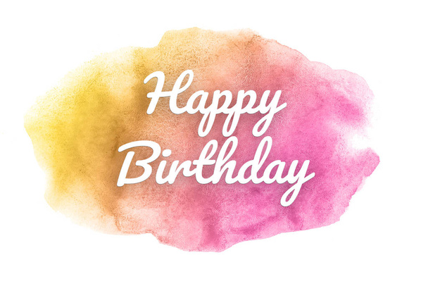 Abstract watercolor background image with a liquid splatter of aquarelle paint. Pink and yellow tones. Happy birthday - Photo, Image