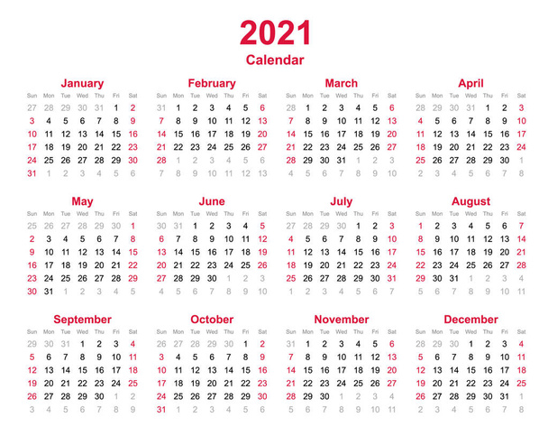 2021 Jahreskalender - 12 Monate Jahreskalender 2021 - Kalenderjahr 2021 - Kalendervorlage in Querorientierung - Vektor, Bild