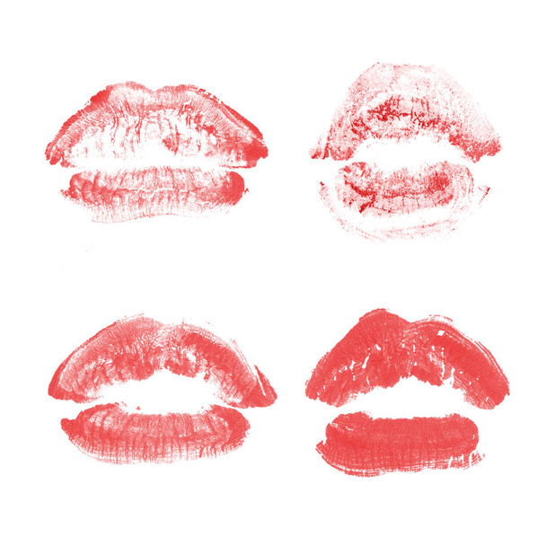 Lábios femininos batom beijo imprimir definido para dia dos namorados isolado no branco. Cor vermelha
 - Foto, Imagem
