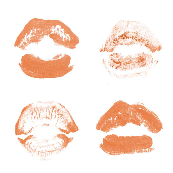 Rossetto labbra femminili set stampa bacio per San Valentino isolato su bianco. Colore arancione
 - Foto, immagini