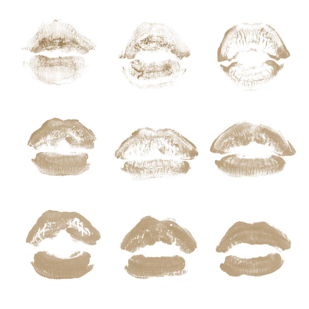 Female lips lipstick kiss print set for valentine day isolated on white. Brown color - Photo, Image