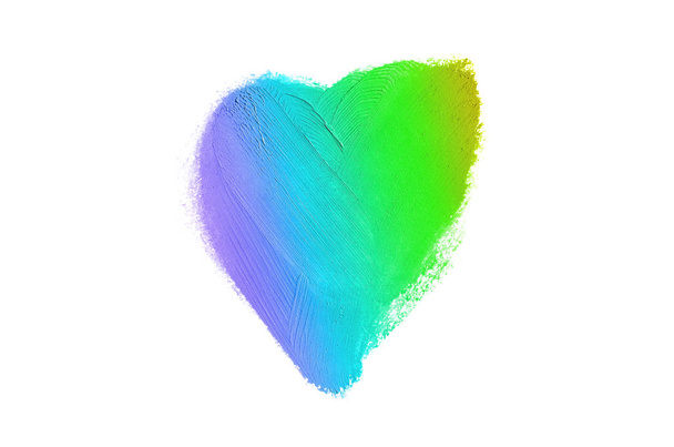 Liquid lipstick heart shape smudge isolated on white background. Rainbow color - Photo, Image