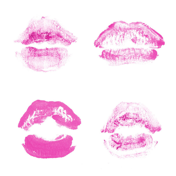 Female lips lipstick kiss print set for valentine day isolated on white. Pink color - Photo, Image