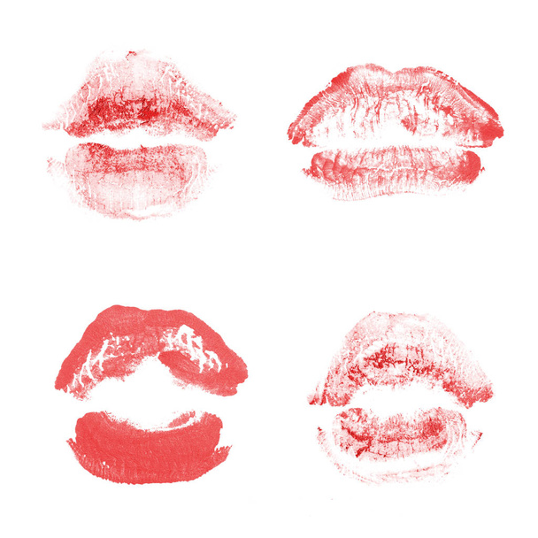 Γυναικεία χείλη κραγιόν φιλί σετ εκτύπωσης για την ημέρα του Αγίου Βαλεντίνου απομονωθεί σε λευκό. Κόκκινο χρώμα - Φωτογραφία, εικόνα