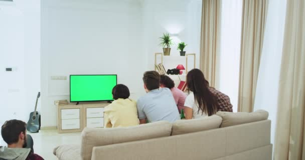 Multi ethnic group of friends chatting while sitting on the sofa in a spacious living room and watching a football match they happy and excited at the end celebrating the victory of their best team - Imágenes, Vídeo
