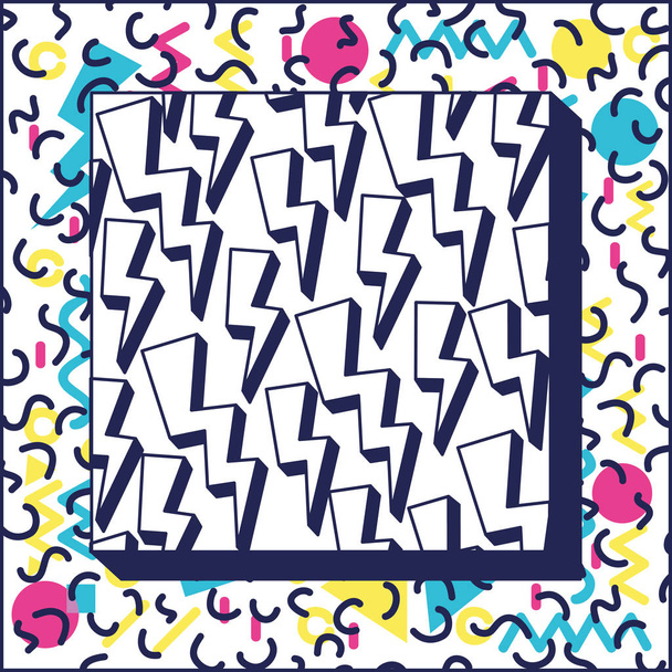 square frame colorfull figures and lines ninetys pattern - Vector, Image