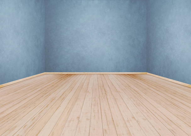 Μπλε τσιμεντένιο τοίχωμα με ξύλινο πάτωμα  - Φωτογραφία, εικόνα