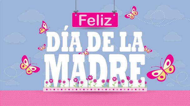 Χαρούμενη ημέρα της μητέρας στην ισπανική γλώσσα-ευχετήρια κάρτα. γράμματα σε έναν κήπο ματζέντα λουλουδιών με πεταλούδες που πετούν γύρω από ένα παστέλ μωβ ουρανό με σύννεφα στο παρασκήνιο. Διανυσματική εικόνα - Διάνυσμα, εικόνα
