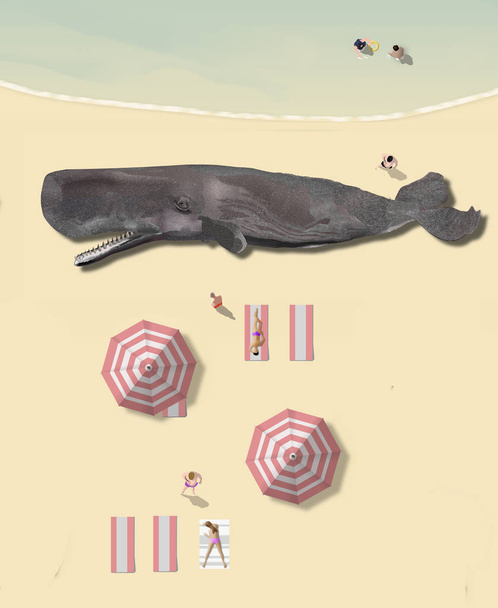 死んだマッコウクジラはビーチに横たわっているが、ビーチの人々は、この海岸線に沿って何も変わらないかのように、太陽の下で一日を続ける. - 写真・画像