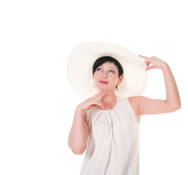 Beautiful woman with white hat posing. - Valokuva, kuva