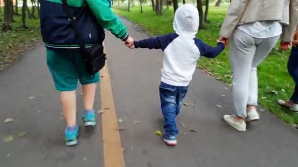 4k video of happy family with little toddler boy holding by hands and walking in park - Кадры, видео