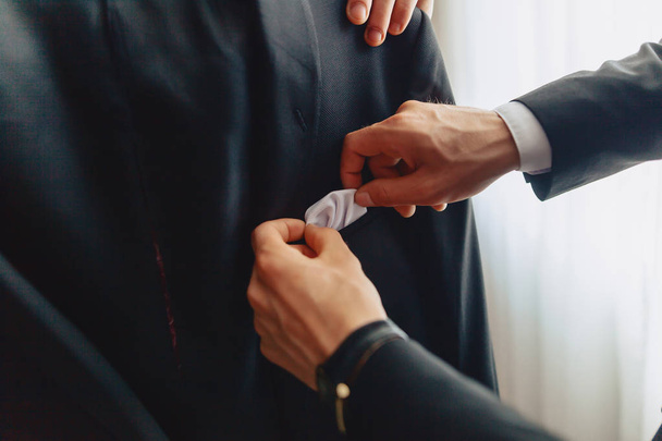 groom meeting, details, jacket, shoes, watches and buttons on the wedding day - Foto, Bild