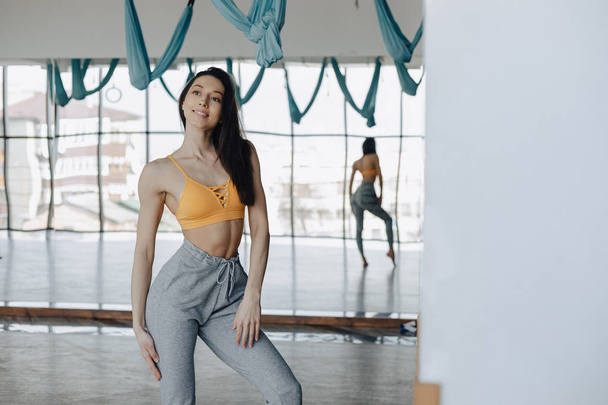 jovem menina atraente posando no ginásio, figura macia, fitness e ioga
 - Foto, Imagem