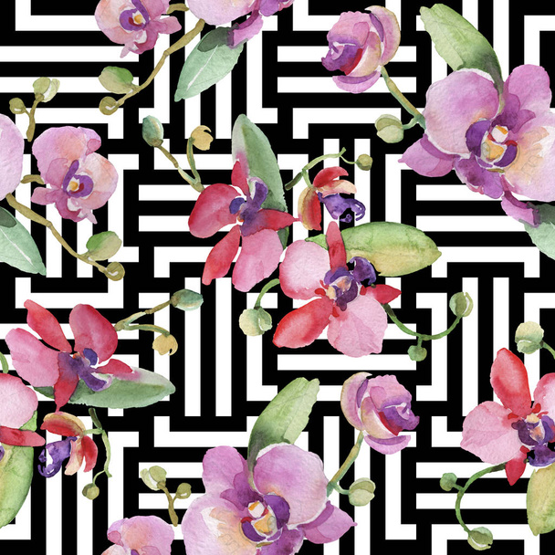 Orchidea csokrok virágos botanikai virágok. Akvarell háttér illusztráció meg. Folytonos háttérmintázat. - Fotó, kép