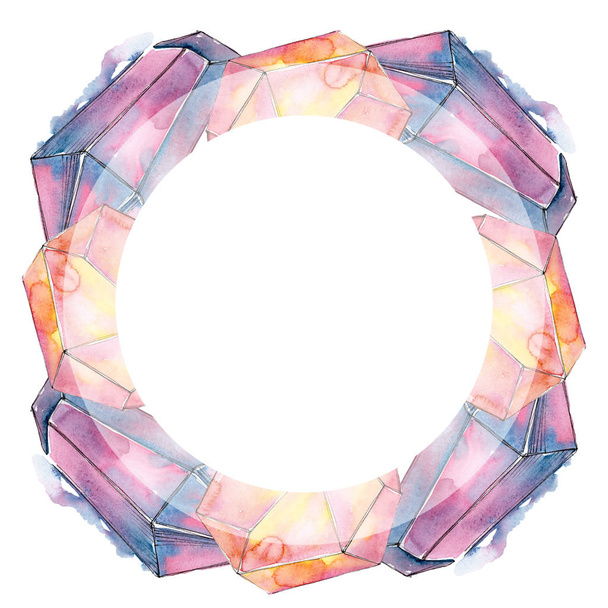 Colorful diamond rock jewelry minerals. Watercolor background illustration set. Frame border ornament square. - Фото, изображение
