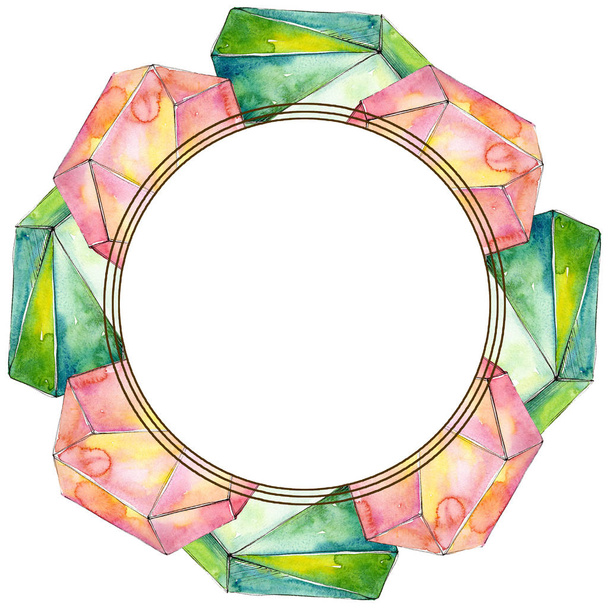 Colorful diamond rock jewelry minerals. Watercolor background illustration set. Frame border ornament square. - Foto, Imagen