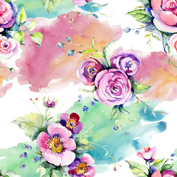 Ροζ μπουκέτο τριαντάφυλλο Loral βοτανικά λουλούδια. Σύνολο εικονογράφησης φόντου. Ομαλή μοτίβο φόντου. - Φωτογραφία, εικόνα