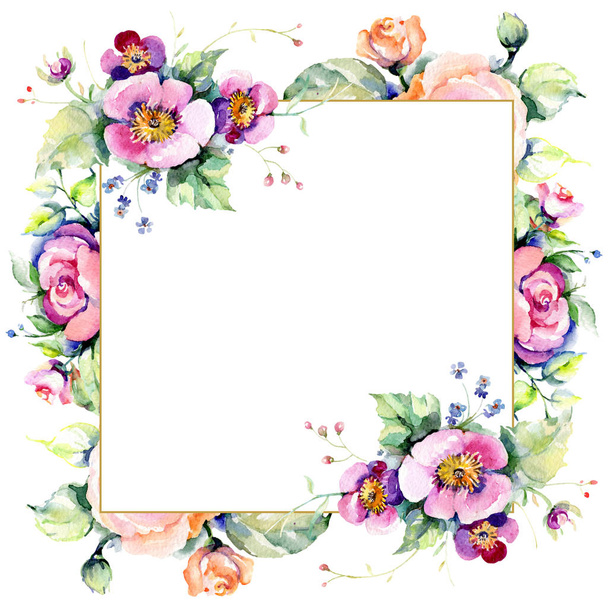Pink rose bouquet loral botanical flowers. Watercolor background illustration set. Frame border ornament square. - Foto, imagen