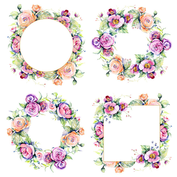 Rosa rosa buquê loral flores botânicas. Conjunto de ilustração de fundo aquarela. Quadro borda ornamento quadrado
. - Foto, Imagem
