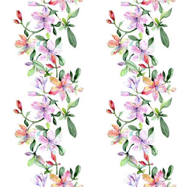 Violet alstroemeria bouquet floral botanical flowers. Watercolor illustration set. Seamless background pattern. - Фото, изображение