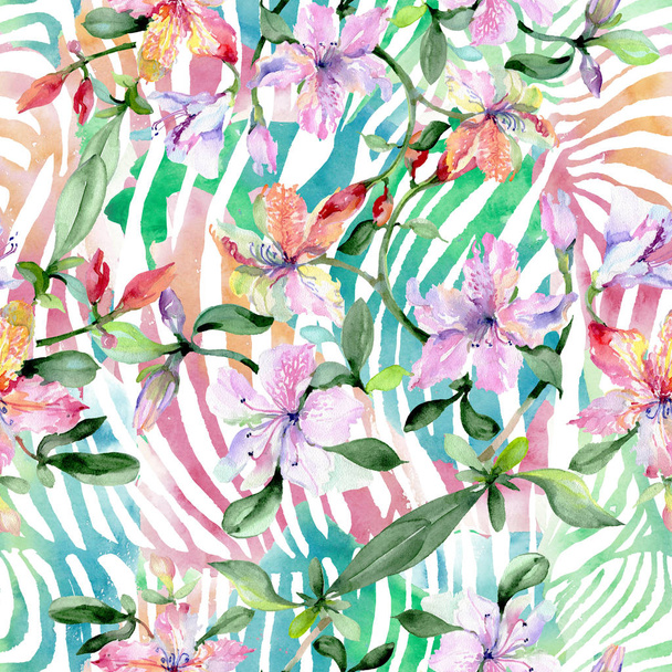 Violet alstroemeria bouquet floral botanical flowers. Watercolor illustration set. Seamless background pattern. - Photo, image