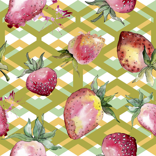 Strawberry healthy food. Watercolor background illustration set. Seamless background pattern. - 写真・画像
