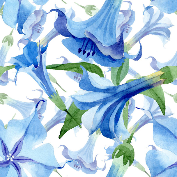 Блакитна бругмансія квіткові ботанічні квіти. Набір ілюстрацій для акварельного фону. Безшовний візерунок тла
. - Фото, зображення