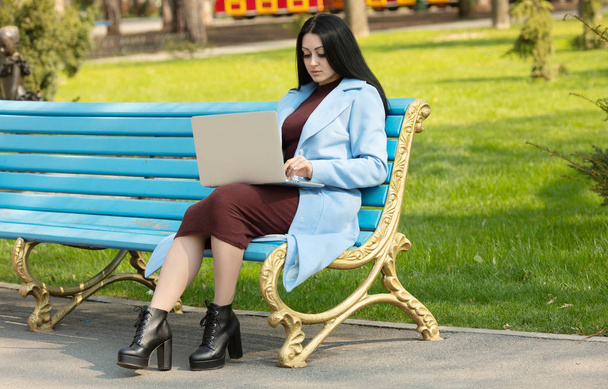 attraente giovane donna utilizzando computer portatile al di fuori
 - Foto, immagini