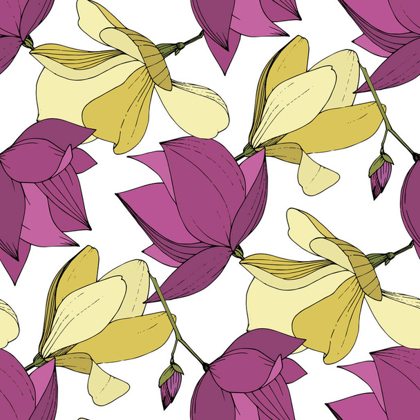Vektori Magnolia kukka kasvitieteellinen kukkia. Violetti ja keltainen kaiverrettu muste taidetta. Saumaton taustakuvio
. - Vektori, kuva