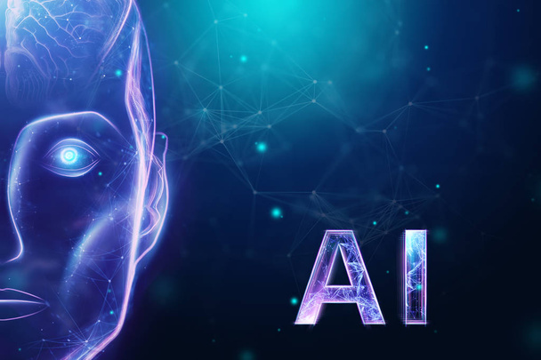 Blue Hologram robot head, artificial intelligence on blue background. Concept neural networks, autopilot, robotization, industrial revolution 4.0. 3D illustration, 3D rendering. - Valokuva, kuva