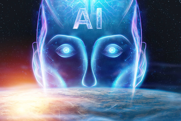 Blue Hologram of a robot head, artificial intelligence against the background of the earth. Concept neural networks, autopilot, robotization, industrial revolution 4.0. - Photo, image