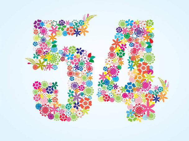 Vector Colorful Floral 54 Number Design isolated on white background. Floral Number Fifty Four - Vecteur, image
