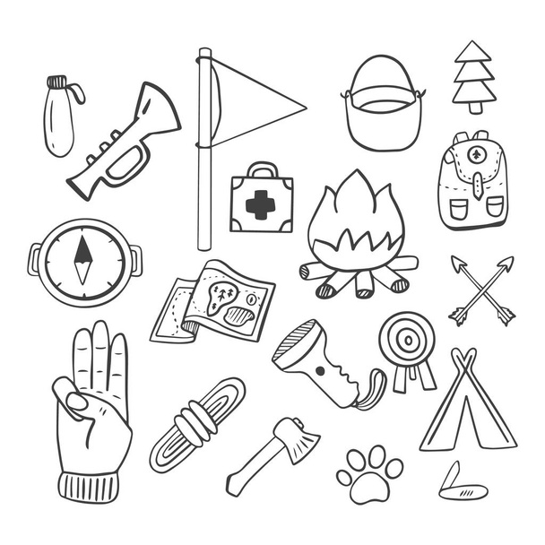 Scouting-Doodle-Zeichnungen sind eine Reihe von Objekten zum Scouting. - Vektor, Bild