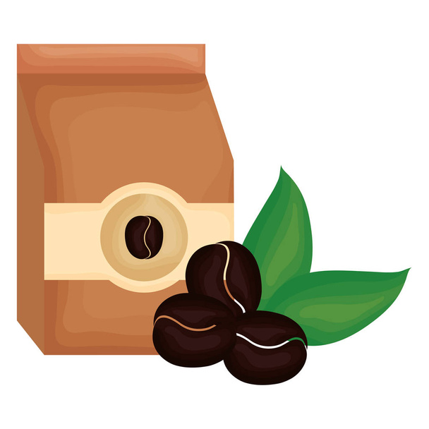 bolsa de café con granos y plantas de hojas
 - Vector, imagen