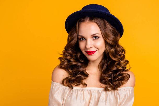 Close-up portrait of her she nice-looking attractive perfect winsome lovely sweet stunning pretty glamorous cheerful wavy-haired lady isolated over bright vivid shine yellow background - Foto, imagen